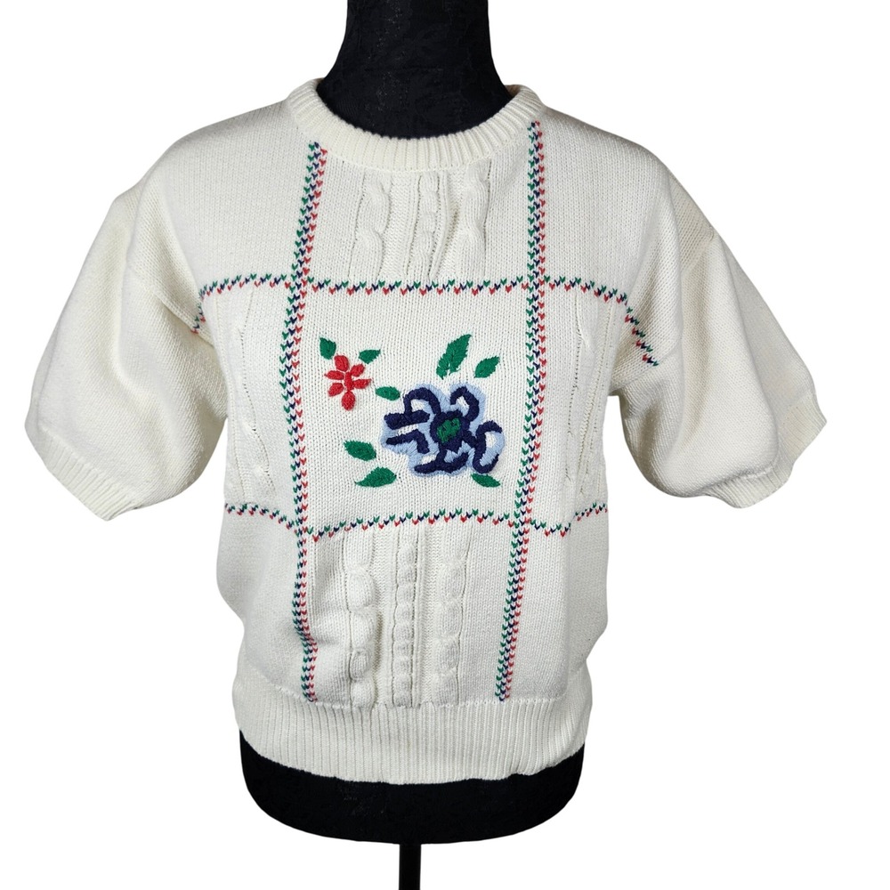 Vintage Koret City Blues Floral Embroidered Cotton Knit Sweater Top L 80s 90s